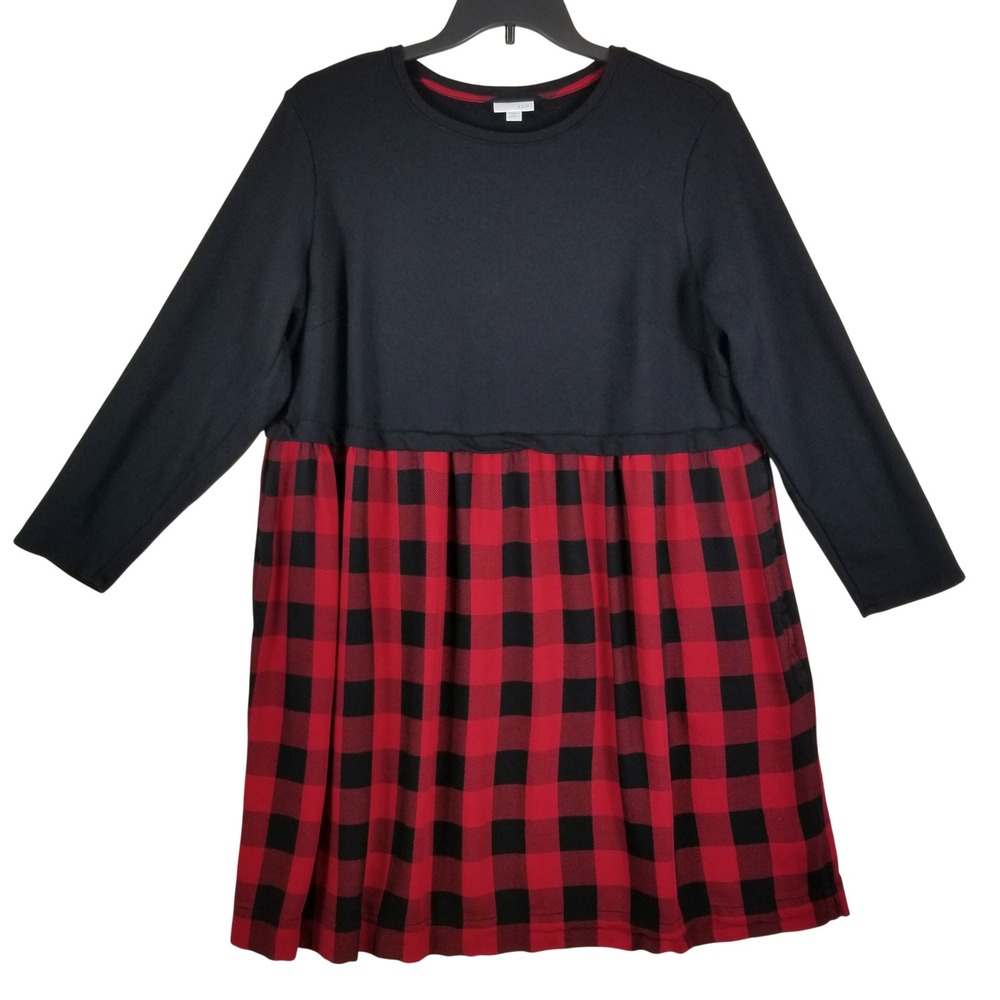 J. Jill Red Black Buffalo Plaid Long Sleeve Mixed Media Dress 2X Womens Pocket